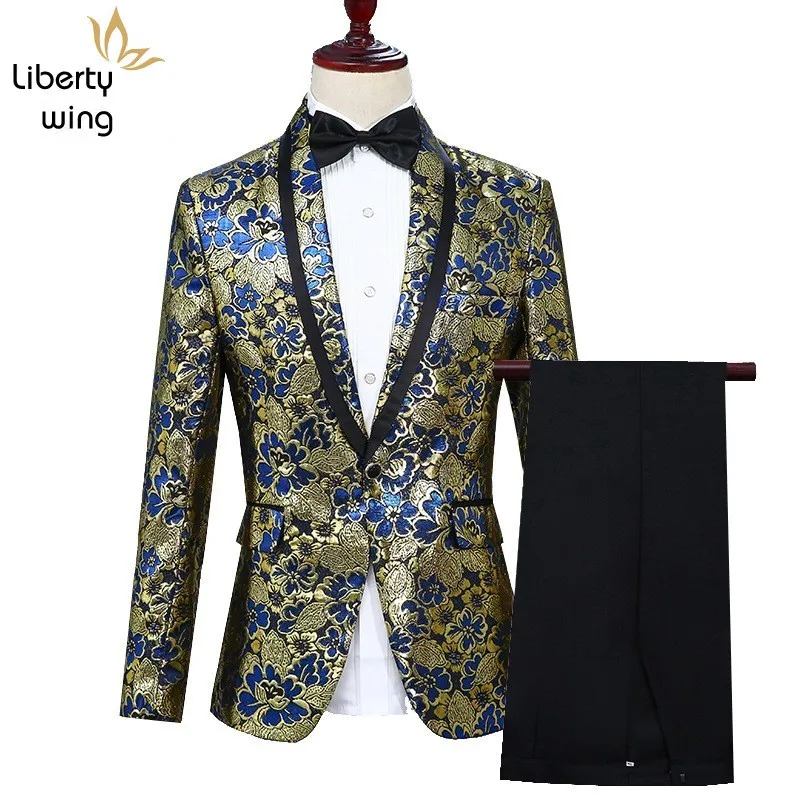 

NEW Men Floral Embroidery Show Costume Outfits Shawl Collar Slim Fit Formal Dress Suit Stage Performance Wedding MC 2 Piece Set