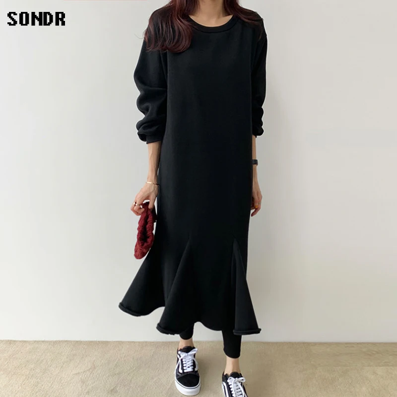 

One-Piece Korean Women'S Dress 2021 Winter Round Neck Loose Casual Plus Velvet Hem Fishtail Sweatshirt Dress Ladies Long Dress