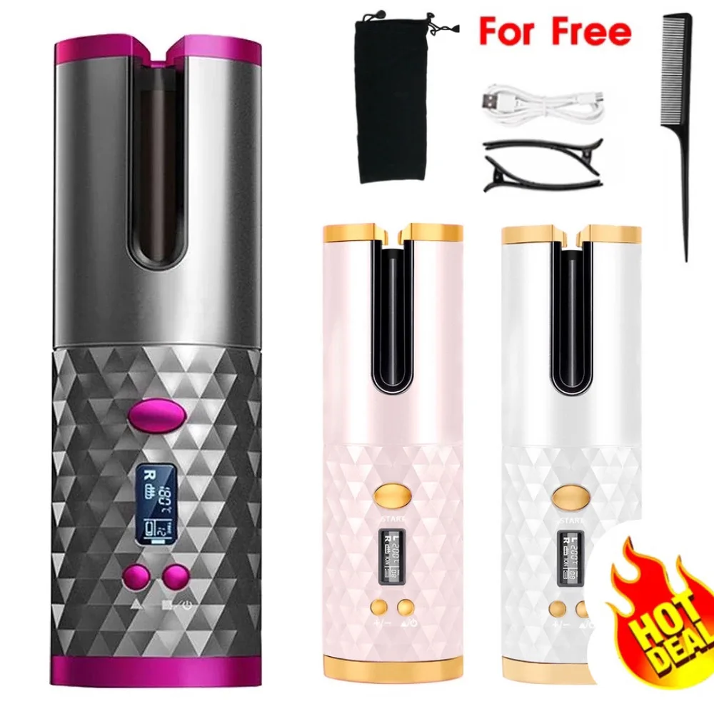 

Portable Wireless Hair Curler Cordless Automatic Curling Iron USB Rechargeable Ceramic Rotating Hair Wave Curler LCD Display