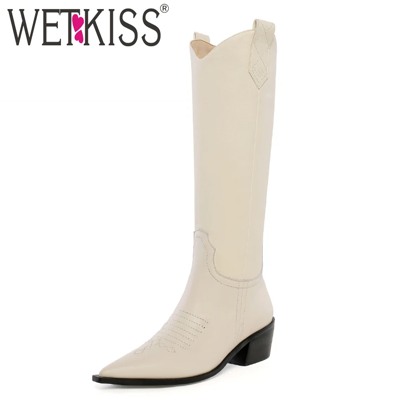 WETKISS/сапоги на высоком каблуке в западном стиле; женские сапоги до колена из коровьей кожи; женская обувь с острым носком; женские ковбойские ботинки на танкетке; сезон зима
