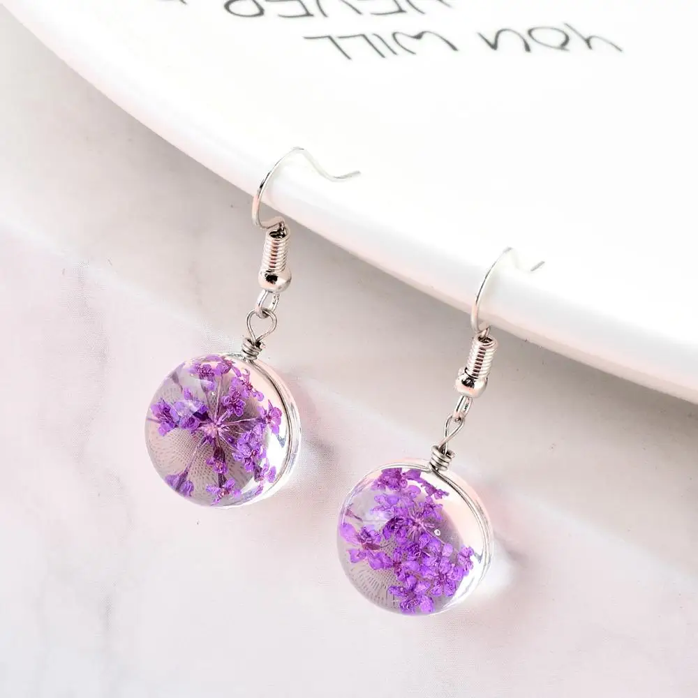 SONGDA Newest Colorful Dried Flower Earrings Transparent Glass Ball Dangle Earrings Wedding Cute Ear Drops Modern Women Jewelry