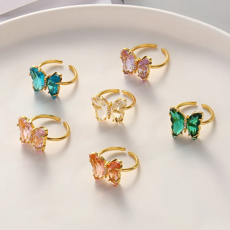 

Transparent Glass Butterfly Fashion Ring Adjustable Bohemia Clear Rhinestone Open Finger Band For Women Jewelry Gift