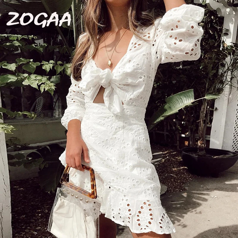 Женское пляжное платье с бантом ZOGAA белое элегантное кружевное длинным рукавом и оборками праздничный мини