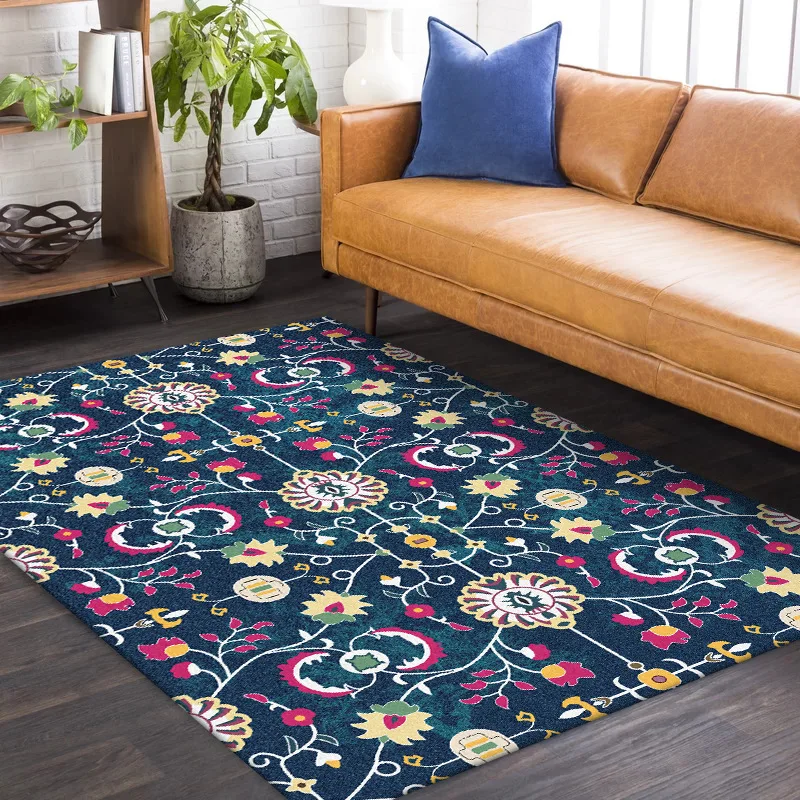 Ковер с темно синими цветами в национальном марокканском стиле плюшевый коврик