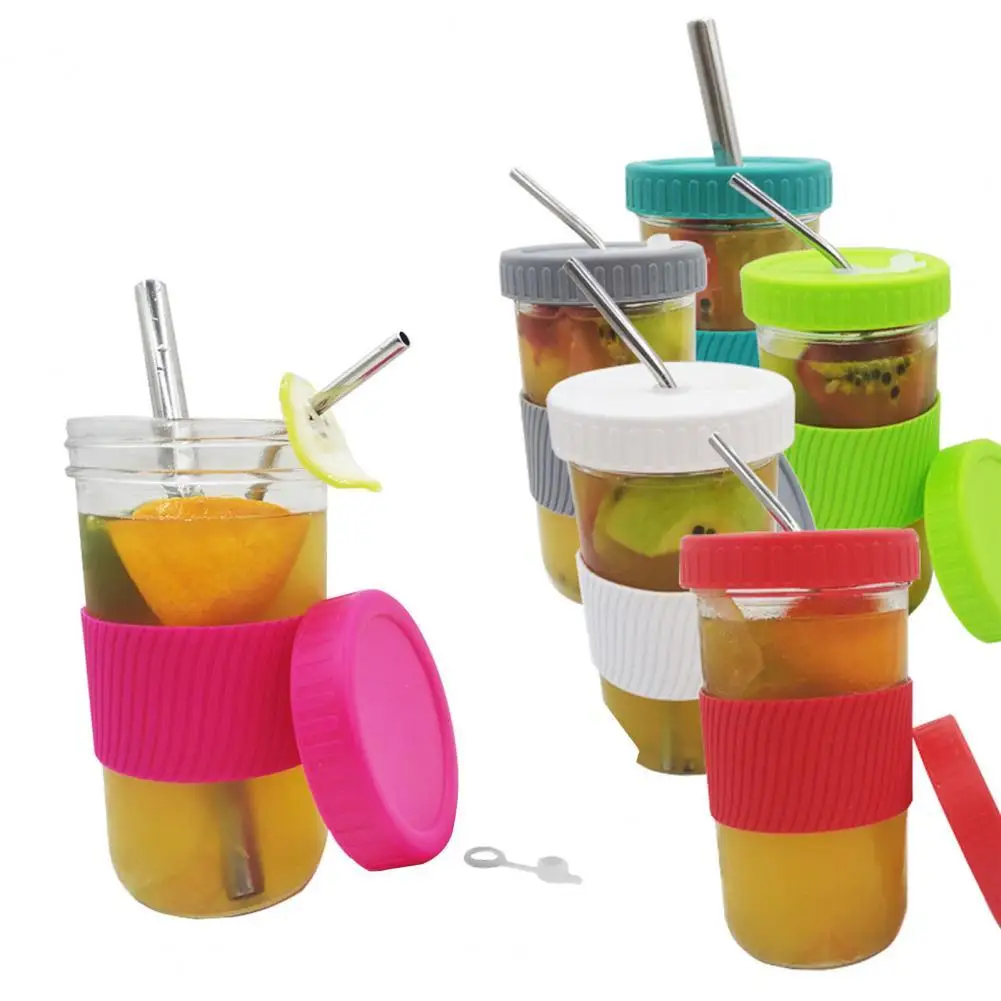 

1Set Green Creativity Water Cup Eco-friendly With Lid Glass Tea Drinking Straw Bottle For Office Orange Juice Cup With Straw Lid
