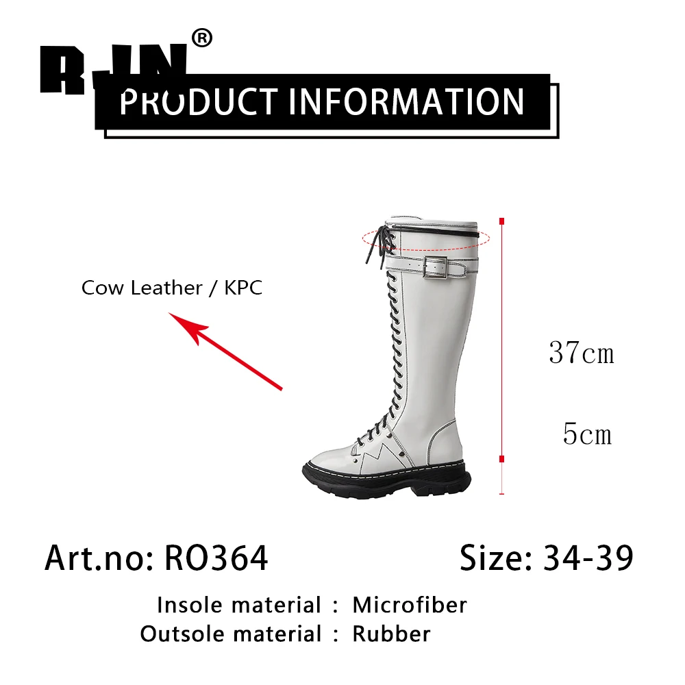 

RJN Stylish knee-high Boots Belt Buckle Decoration Lace-up Genuine Leather Handmade Boots Anti-skid Platform Shoes Women RO364