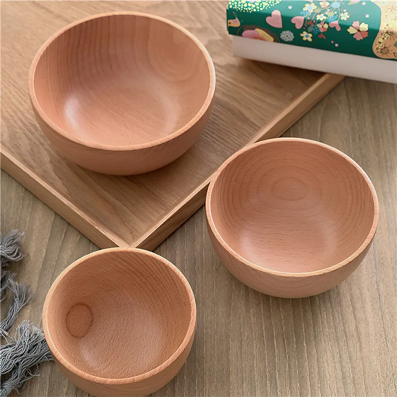 

Solid Wood Tableware Japanese Style Wood Color Round 10-14cm Salad Bowl Cutlery Set Household Kitchen Supplies Dinnerware