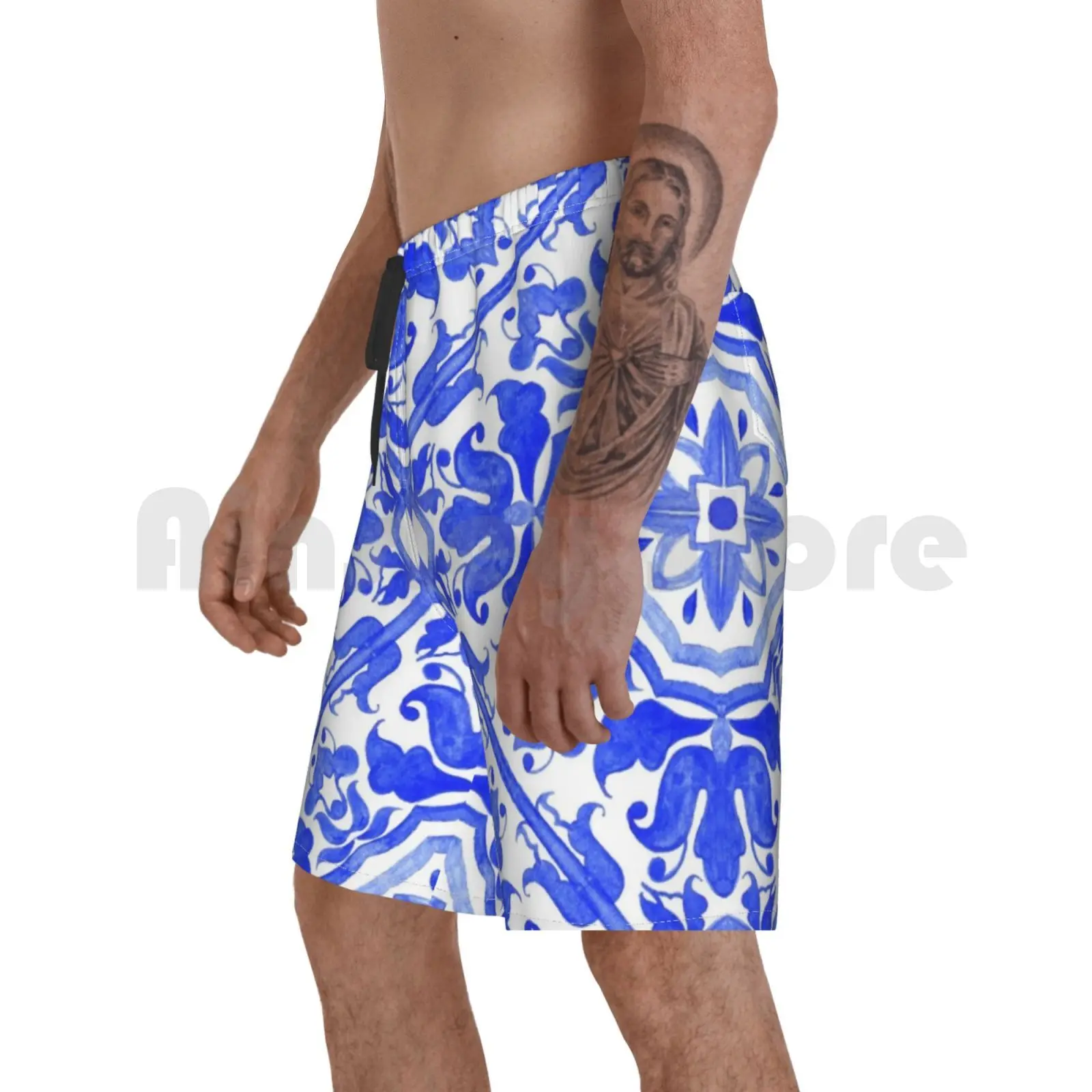 

Portuguese Azulejo Tiles. Beach Shorts Men Beach Pants Swim Trunks Watercolor Pattern Ceramic Moroccan Tile