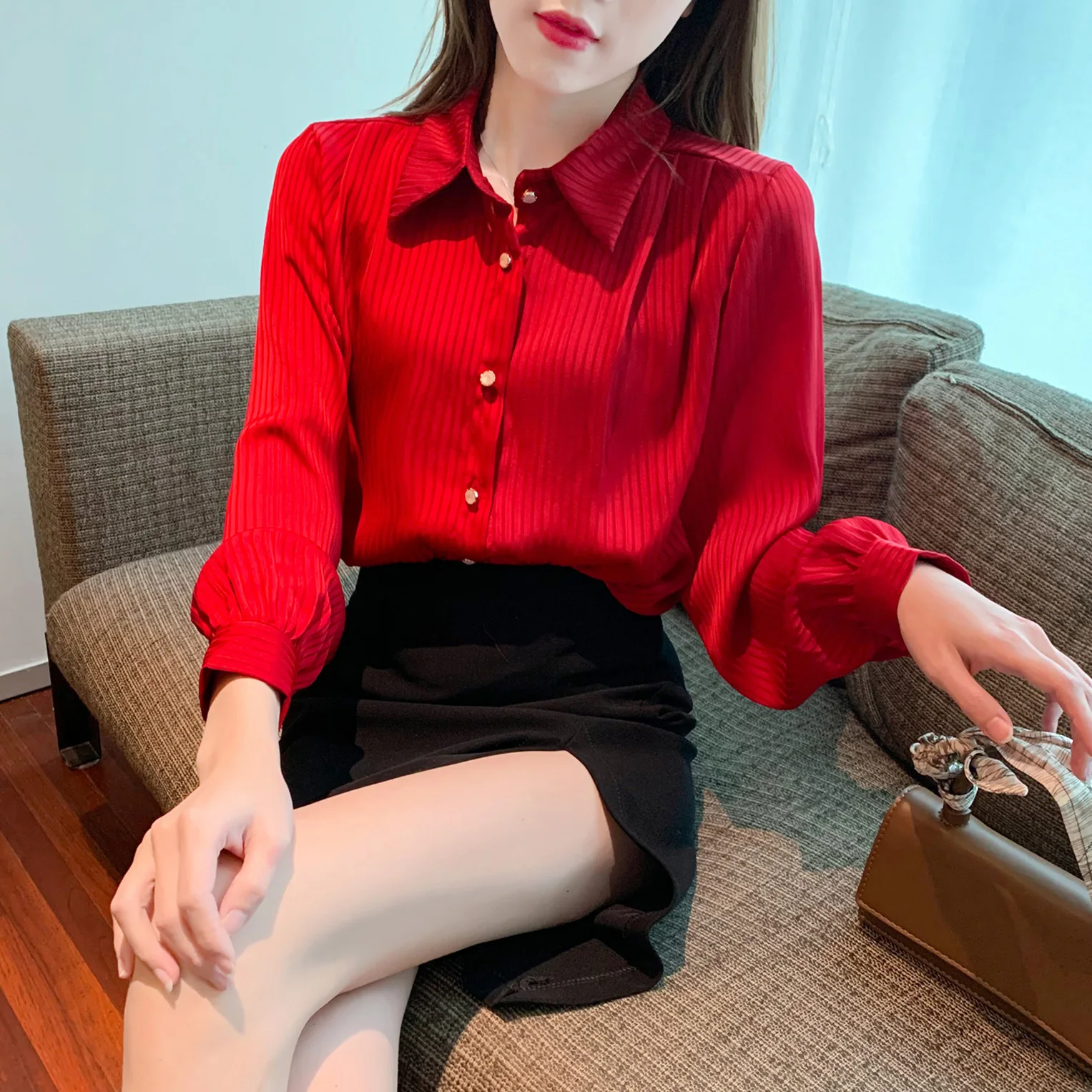 

Chiffon Women's Blouse Casual Polo Girl's Shirt Spring Autumn Solid Long Sleeve Top Fashion Clothing Lady Blusas Houthion