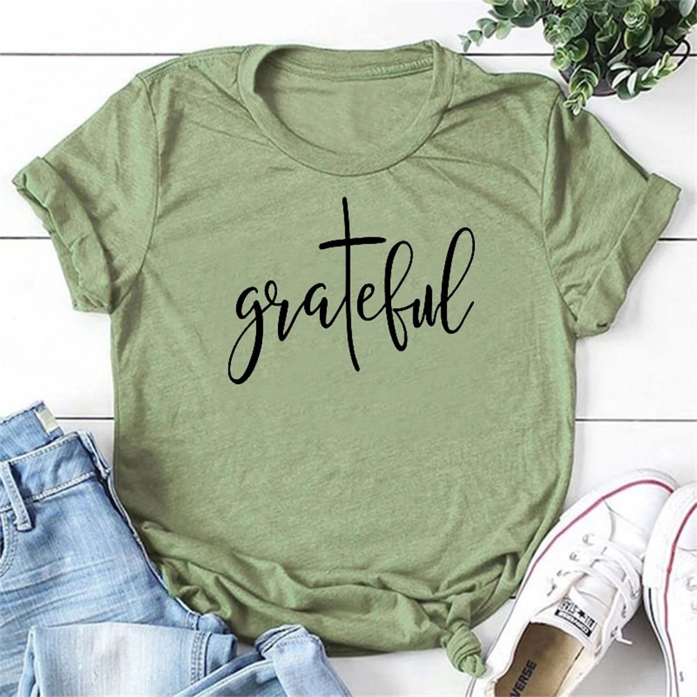

Grateful Women Tshirt Aesthetic Christian Jesus Grace T-shirt Thankful Bless Believer Shirts Girl Fashion Tops
