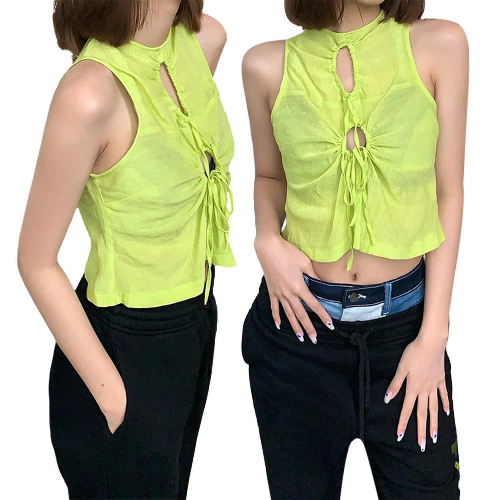 

2021 Summer Women’s Fashion Solid Color Vest Sexy Round Neck Hollow Bandage Exposed Navel Sleeveless Tops,Green