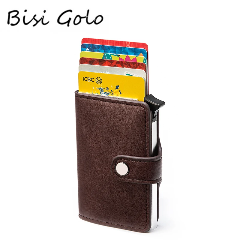 BISI GORO 2021 Smart Wallet Card Case Metal RFID Anti Theft Brush Aluminum Box Holder Men and Women PU Leather Casual Purse | Багаж и