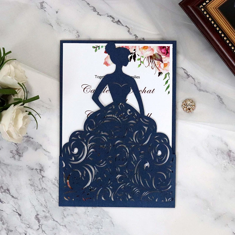 

25Pcs Creative Treasure Girl Wedding Invitations Laser Cut Pearl Paper Material Greeting Cards Baby Shower Thank You Card