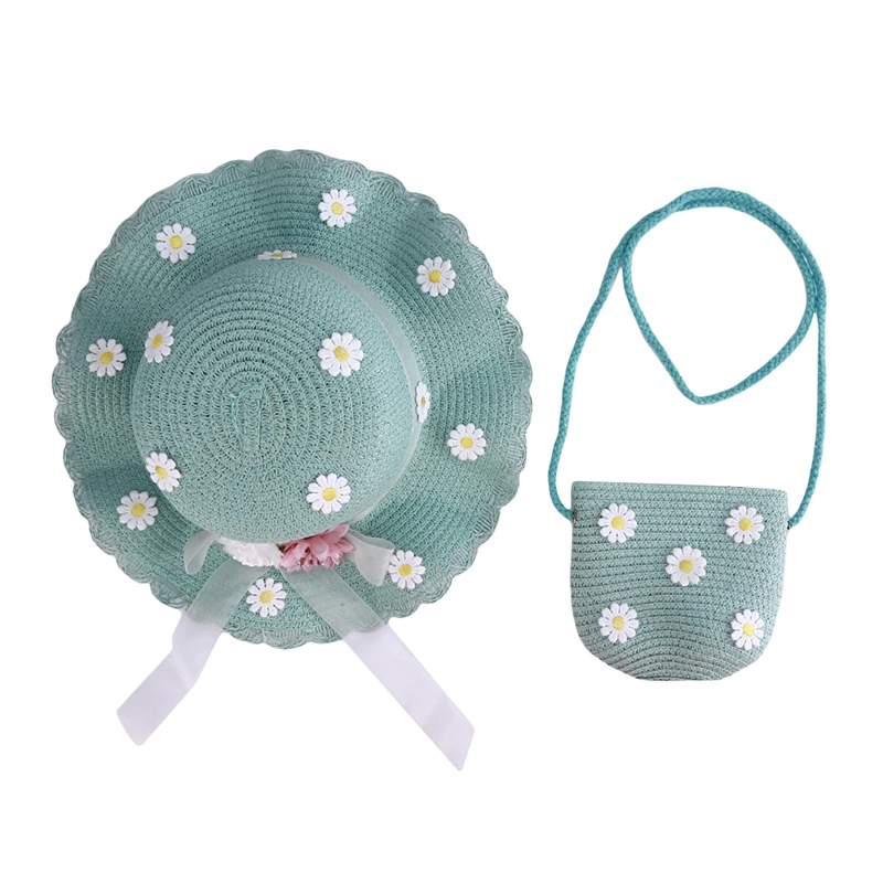 

New Summer Children Straw Beauty Floral Hat Baby Sun Hat Girl Summer Fashion Cap Beach Visor Hat Straw Bag Two-Piece Sets