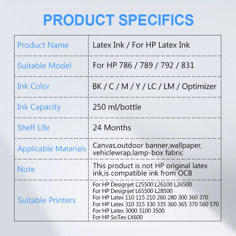 Латексные чернила 250 мл для HP 786 789 792 831 L25500 L26100 L26500 L65500 L28500 110 115 210 260 300 360 370 310 315 330 335 -