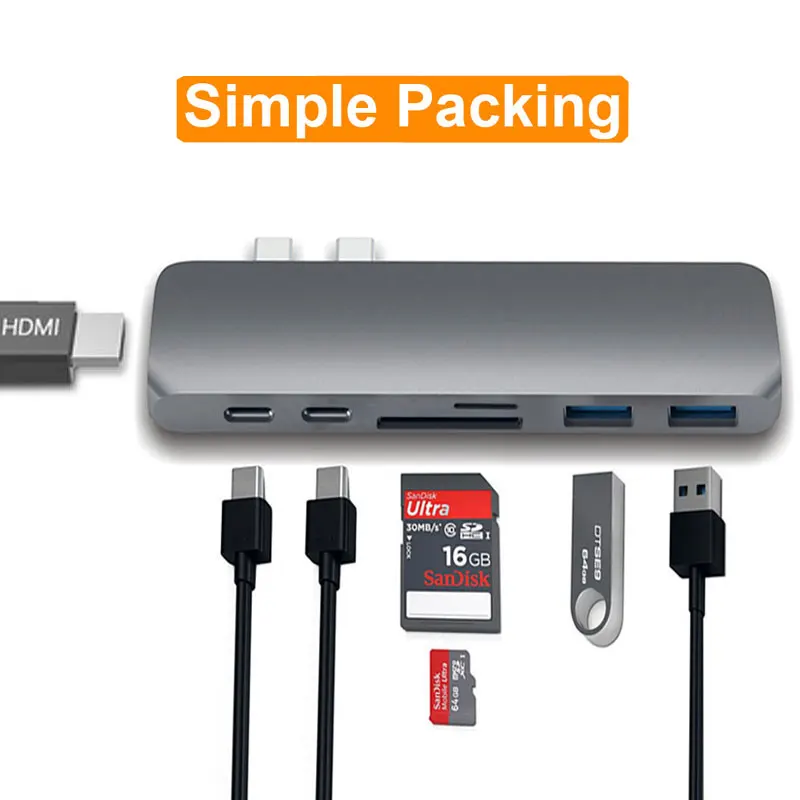 Simple Box-Gray Адаптер Thunderbolt 3 USB 3,1 type-C концентратор к HDMI 4K USB C концентратор с концентратором 3,0 TF sd-ридер слот PD для MacBook Pro/Air USB-C - Цвет: Simple Box-Gray
