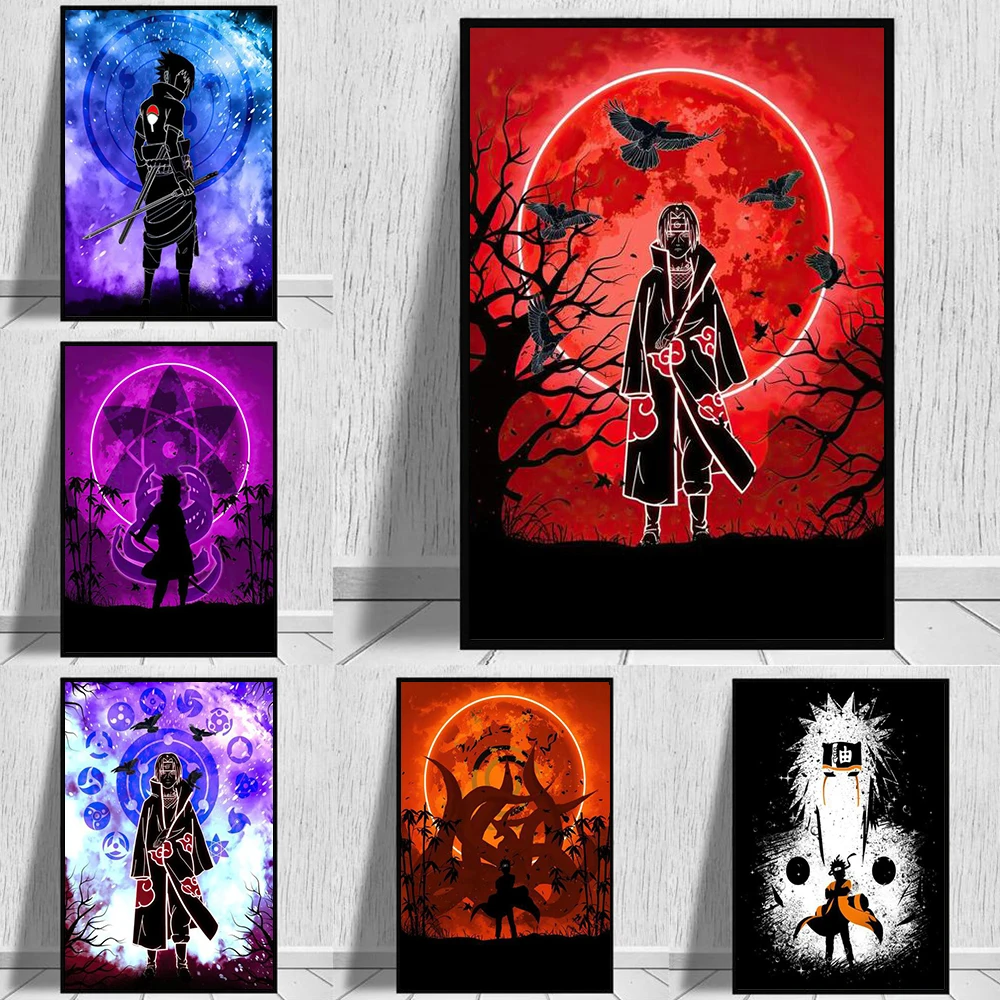 

Японские Аниме Плакаты и принты ниндзя с кровавой луной, поп-Мультяшные комиксы, холст, искусство, настенная живопись, домашний декор для ук...