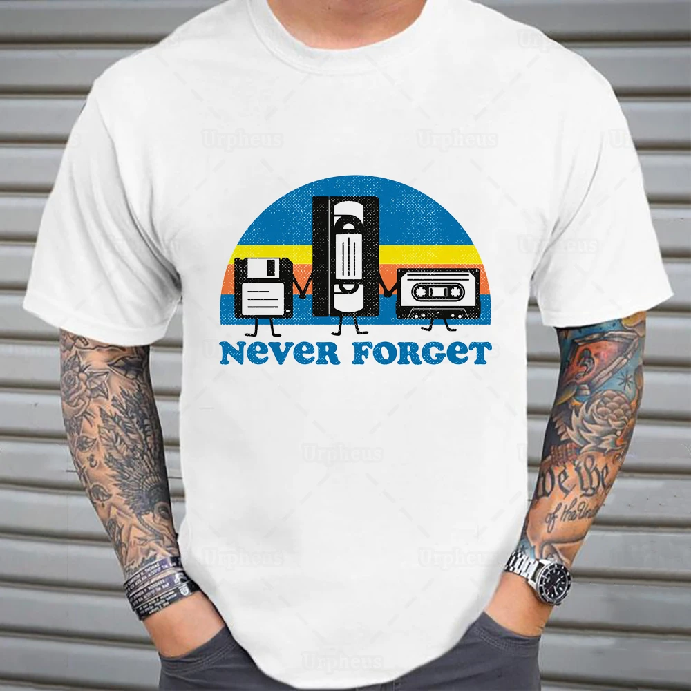 

100% Cotton Never Forget Novelty Sarcastic T Shrit 80s 90s Retro Style Shirt Cassette Tape Floppy Disk Nostalgia Summer Top Tees