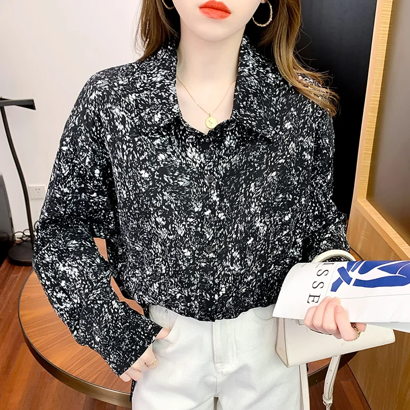

Chiffon Women's Blouse Print Polo Girl's Shirt Casual Long Sleeve Top Loose Spring Autumn Fashion Office Lady Blusas Houthion