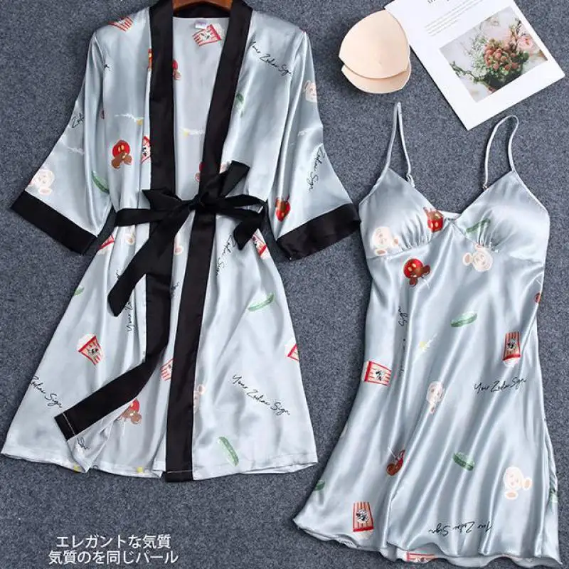 

White Full Slip Robe Set Satin Print Kimono Gown Summer New 2PCS Sleepwear Femme V-neck Sleep Suit Casual Nightgown Home Wear