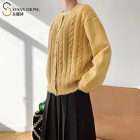 women cardigans female sweater lady knitwear coat 2021 spring elegant round neck drop shoulder vintage buttons braiding pattern