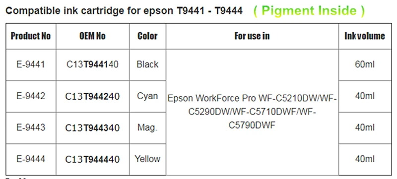 Совместимые чернильные картриджи для T9441-T9444, для Epson WorkForce Pro WF-C5210DW/WF-C5290DW/WF-C5710DWF/WF-C5790DWF
