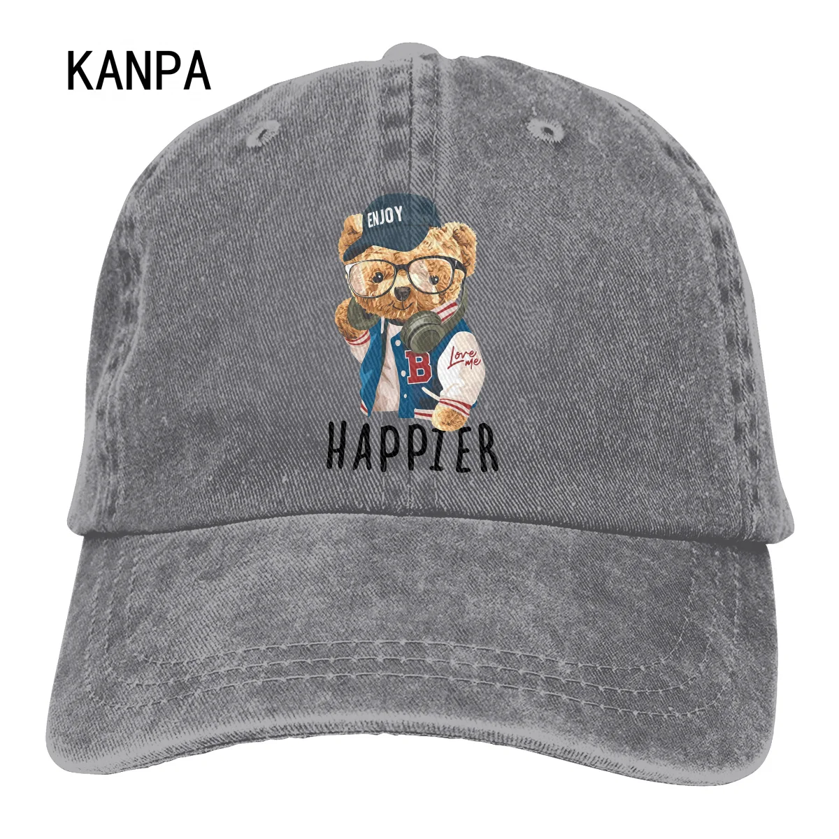 

Бейсболка из денима с принтом счастливого медведя для мужчин и женщин, повседневные регулируемые потертые хлопковые кепки для мальчиков и ...