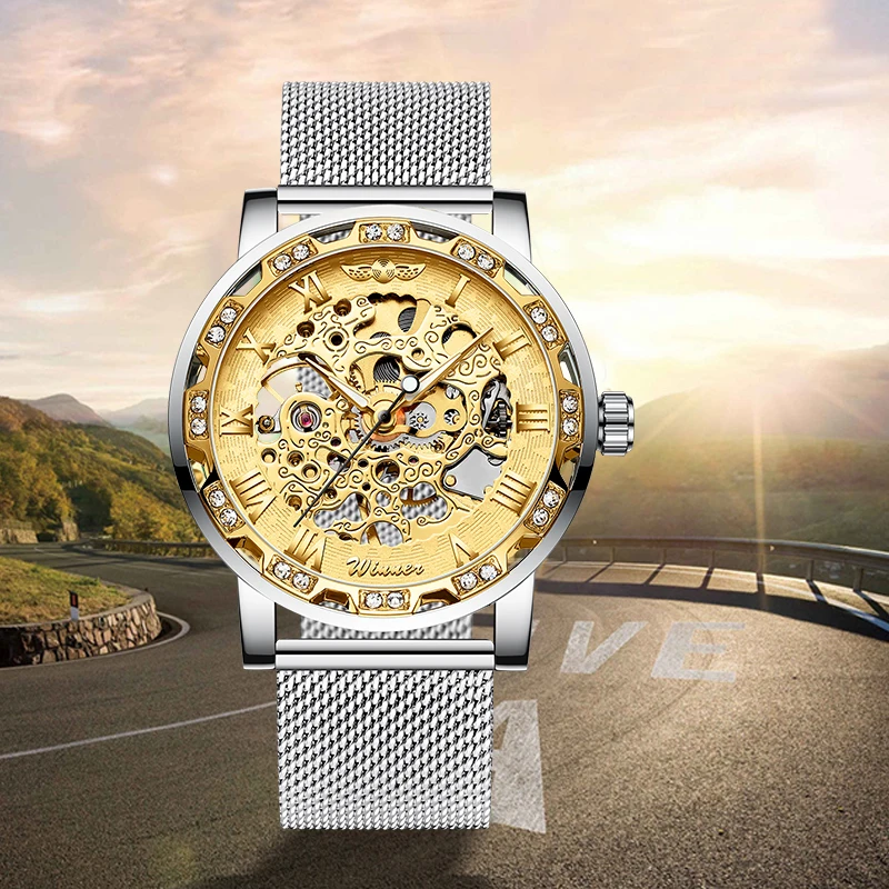 Часы WINNER Мужские механические золотистые прозрачные с римскими цифрами на