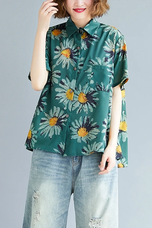 

LZMONE Large Size Shirt Women Show Thin, Foreign Style Printed Cotton Linen Short Sleeve Shirt Fashion Summer 2021 New Style