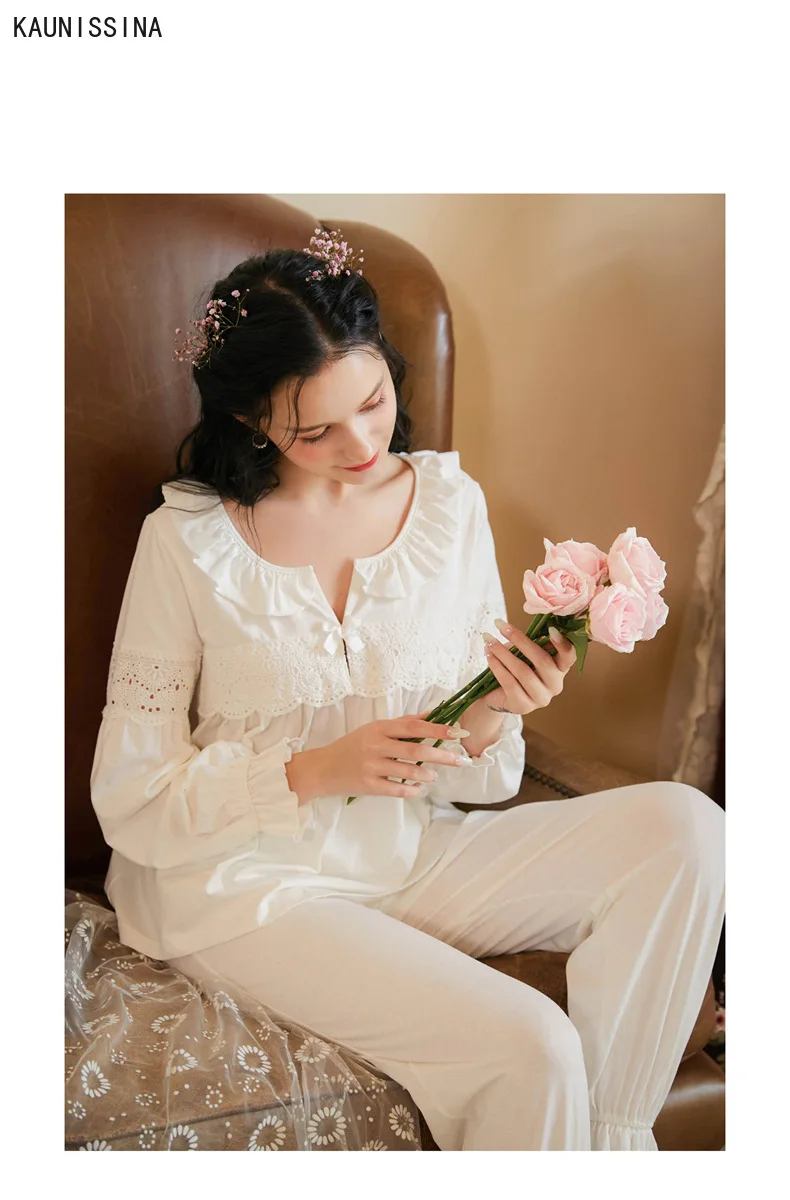 

100% Cotton White Pajamas Long sleeve Sleepwear Women Pajamas Spring AutumnTwo Piece Winter Sleepwear Suit Cozy Loungewear
