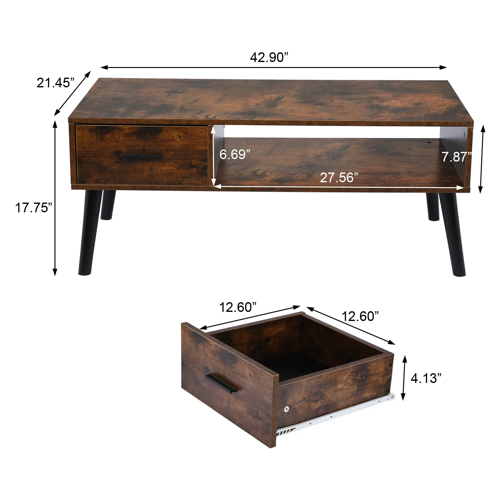

Wooden Coffee Table Tea Table with Drawer and Storage Shelf Mid-Century Rectangular Sofa Side Table Home Living Room Furniture