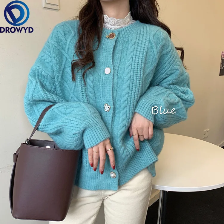 

Blue Sweater Jacket Female Twist Gentle Wind Japanese Thickening 2021 New Heavy Industry Autumn and Winter Knitted Cardigan Top