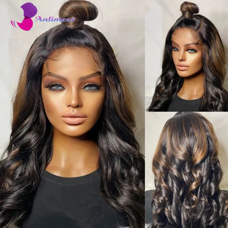 Alimeer Highlight Dark Brown Black 13X4 Lace Front Body wave Wig 1B/4# Human Hair Wig With Pre Plucked For Black Women
