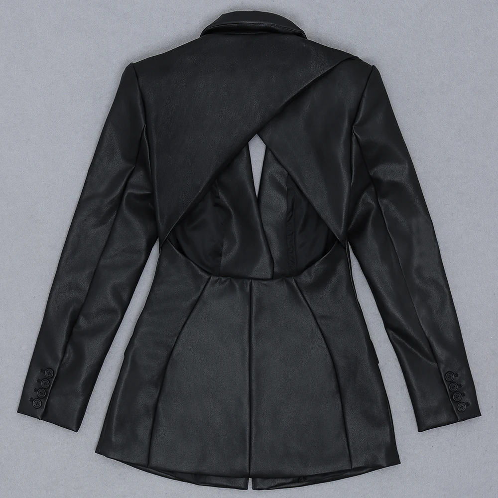 

New Catwalk Winter Sexy Long Sleeve V Neck Black Leather Women Coat 2021 High Street Celebrity Designer Night Club Party Jacket