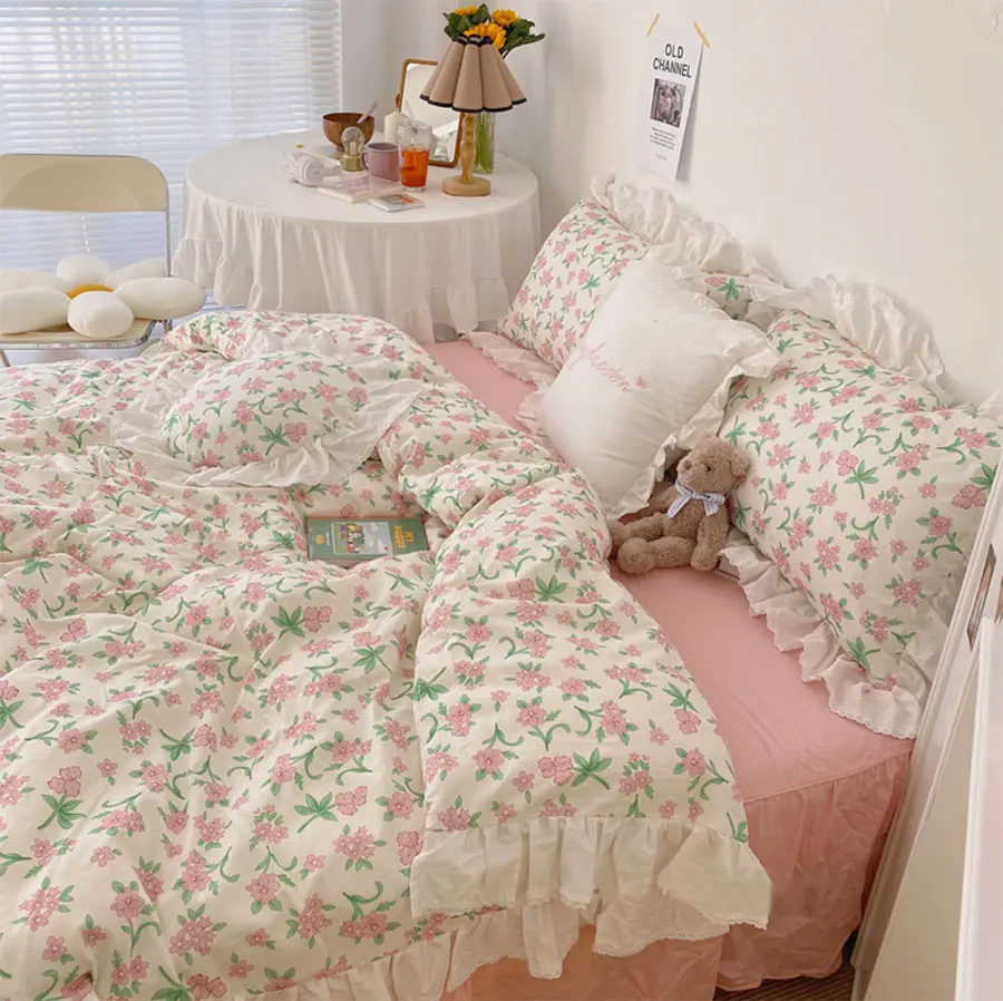 

Комплект постельного белья винтажный милый пасторальный цветочный, романтичный цветочный хлопковый полный Королевский домашний текстиль,...