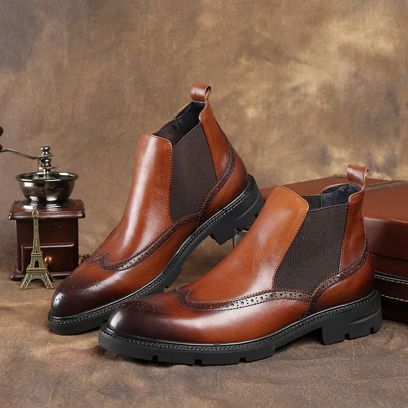 Модные черные/коричневые классические ботинки мужские челси из натуральной кожи