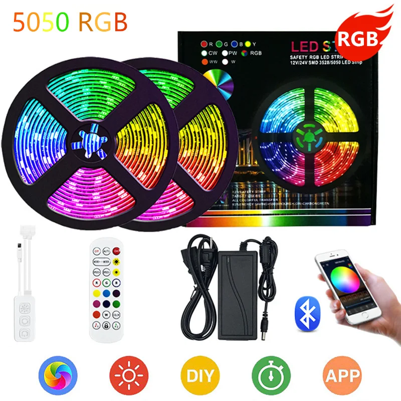 

Светодиодная ленсветильник RGB 5050 с дистанционным управлением по Bluetooth, гибкая Водонепроницаемая SMD лента IP65, 5 м, 10 м, Диодная световая лента п...