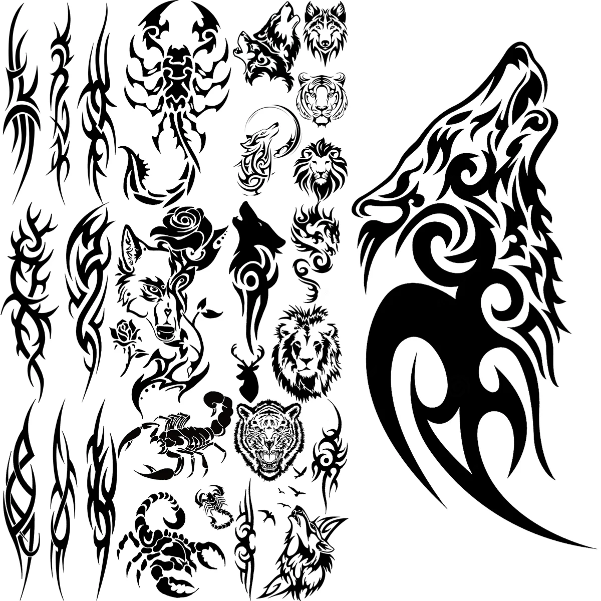 

Black Wolf Temporary Tattoos For Adults Men Realistic Thorns Totem Scorpion Lion Fake Tattoo Sticker Arm Back Tatoos Waterproof