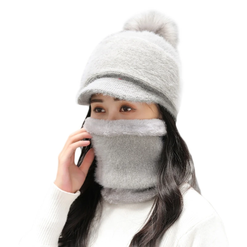 

Women Winter 2Pcs Set Pompom Visor Knit Beanie Hat with Plush Lined Circle Scarf M7DD