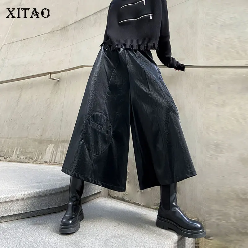 

Женские широкие брюки XITAO, однотонные из искусственной кожи, с эластичной талией, осенне-зимние, простые, ZY2309