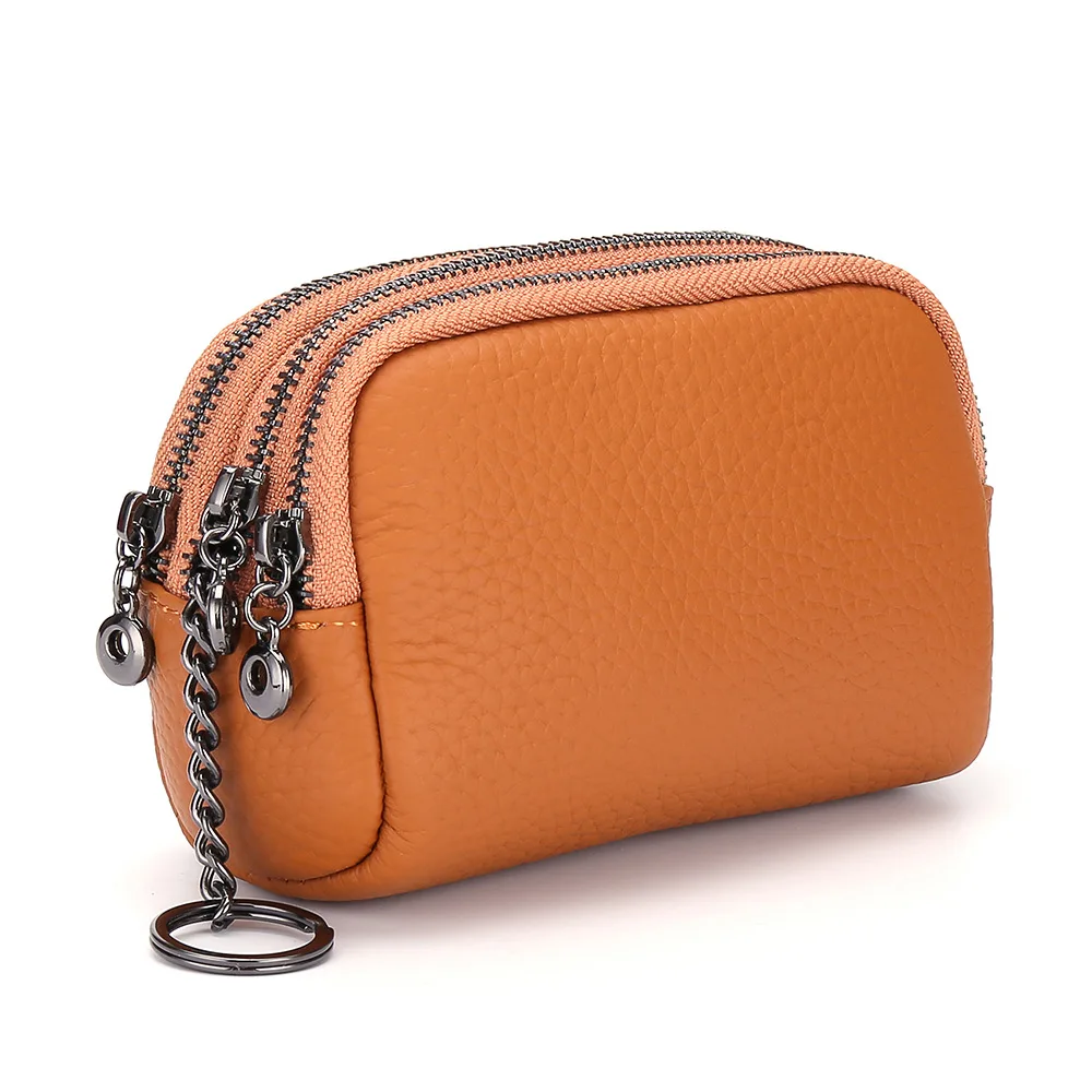 

Solid color simple three zipper zero wallet leather Mini bag head leather Japanese key bag