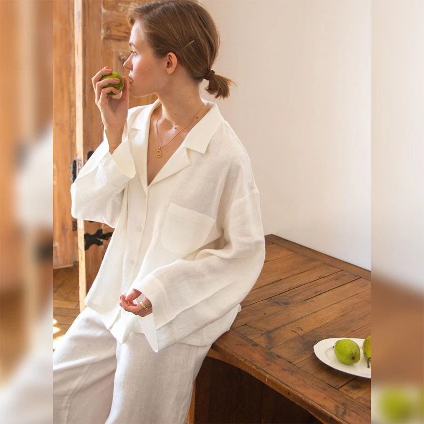 

Белая хлопковая Пижама Hiloc большого размера, домашний костюм для женщин, комплекты с брюками, свободная однобортная Домашняя одежда с длинн...