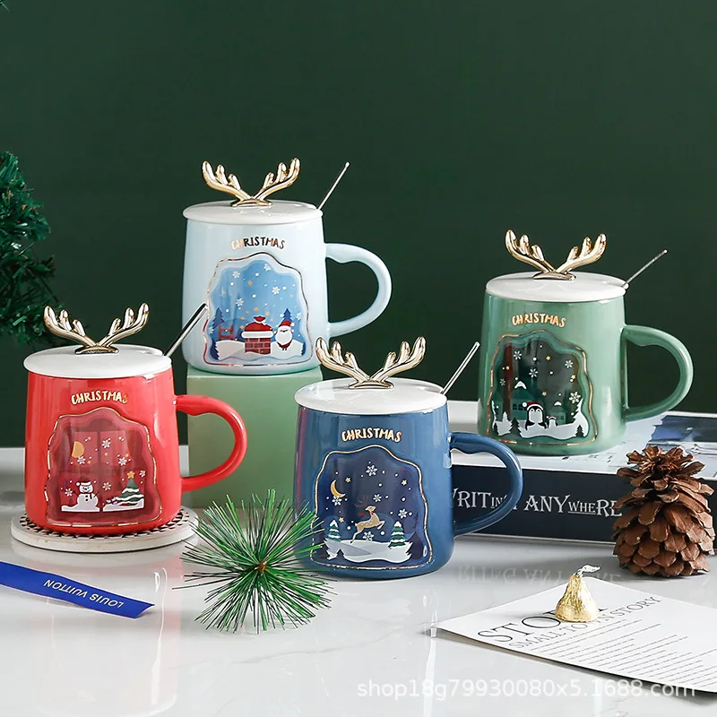 

Cartoon Cute Christmas Ceramic Water Cup with Lid and Spoon Office Coffee Milk Large Capacity Gift Mug Christmas Present