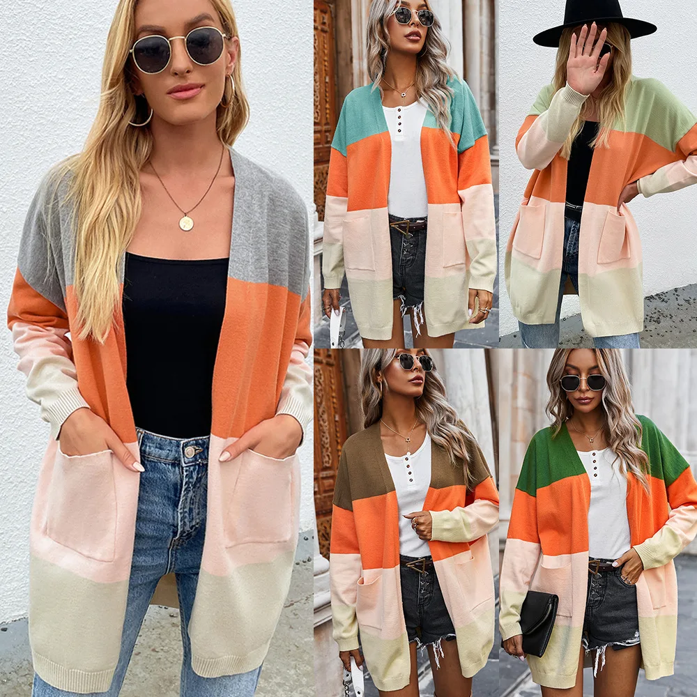 

Fall Winter Fashion Women's Loose Comfortable Coat Contrast Stitching Mid-length Lapel Straight Sweater