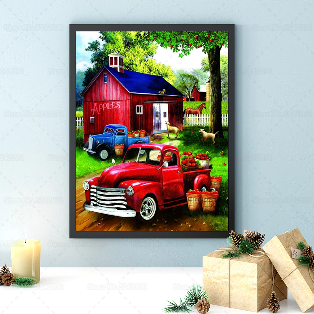Фото Яблоки для продажи старая ферма алмазная картина полный дрель красный грузовик и