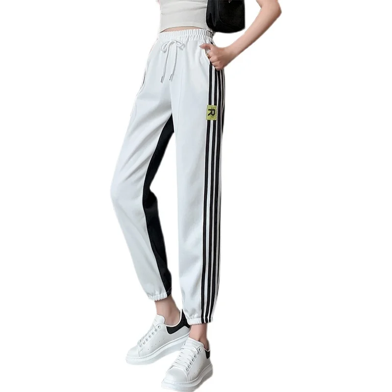 

Cotday New Side Stripe Loose Leggings Women's Spring High Waist Slim Lady Stripe Casual Pants Sports Nine Point Harem Pants