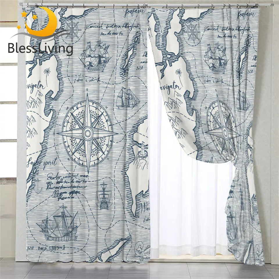 BlessLiving компас Шторы для Гостиная яхта морской Спальня Шторы синий карта мира рукописный драпировка окна лечения 1 шт.