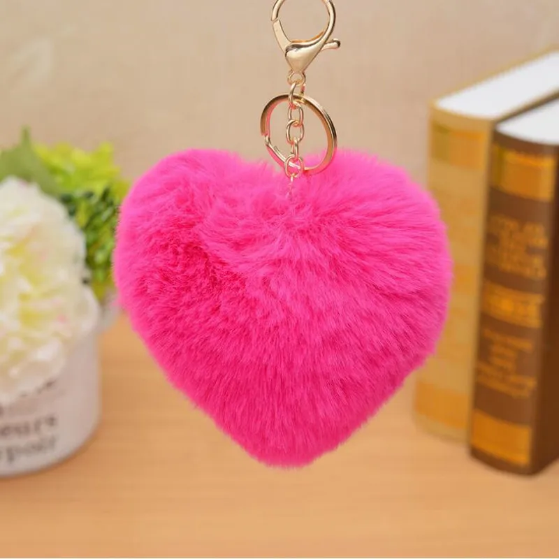 Cute Love Heart Keychain Fluffy Fake Rabbit Fur Pompom Ball Key Ring Women Girl Bag Charm Pendants Wedding Party  Gift Easter