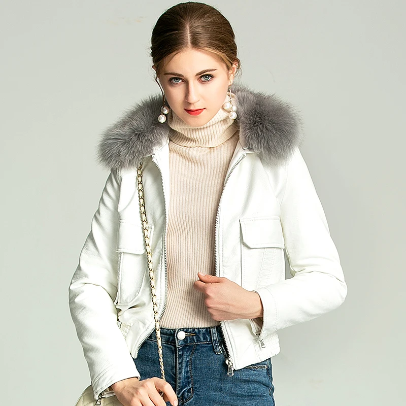 

Женская мотоциклетная куртка с воротником из натурального Лисьего меха, черно-белая теплая Байкерская верхняя одежда из искусственной кож...