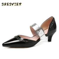 sgesvier women real leather high heel sandals pointed toe rivet buckle sandals summer fashion party shoes women size 34 43